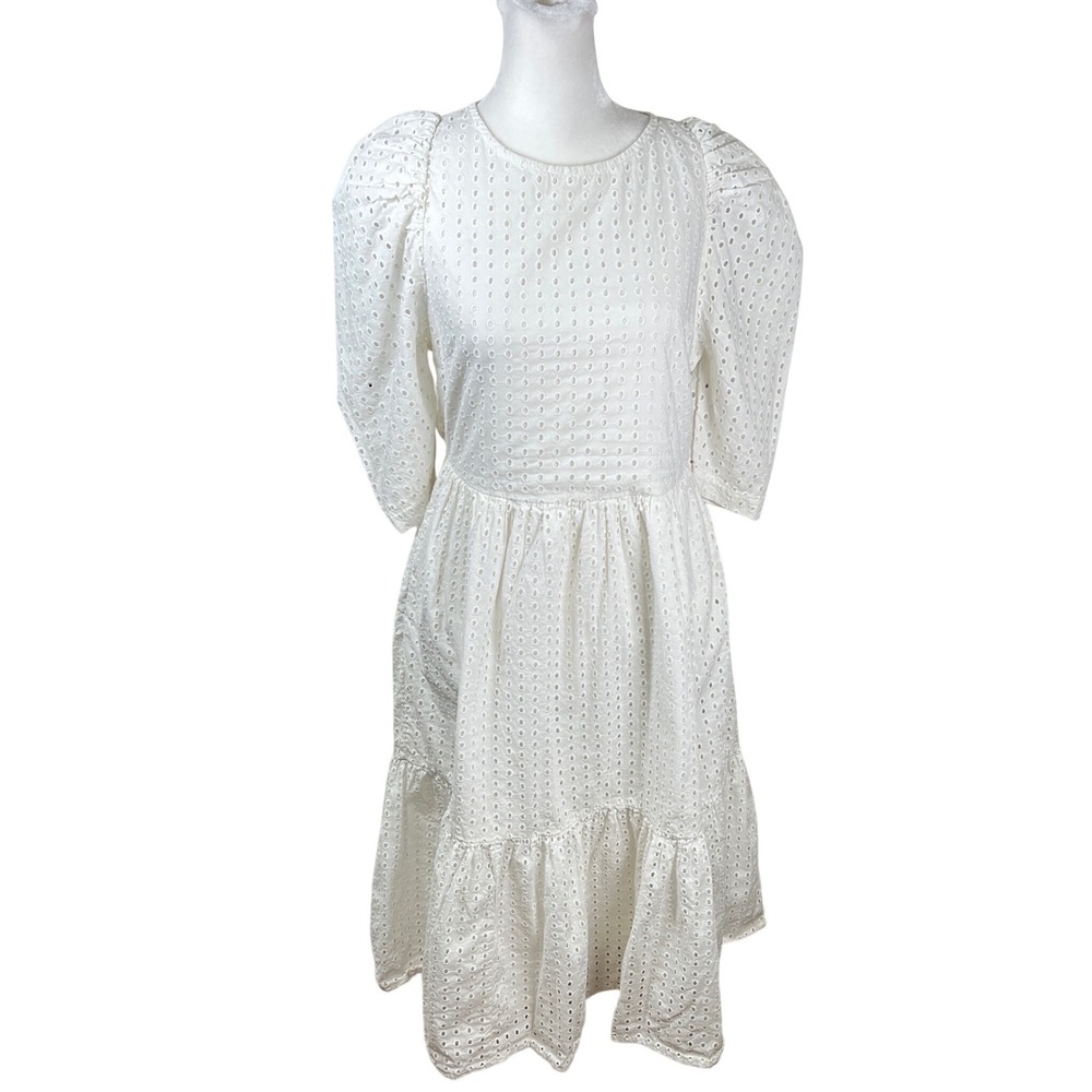 A New Day White Cotton Eyelet Puff Sleeve Tiered Midi Dress Women's Size Small
